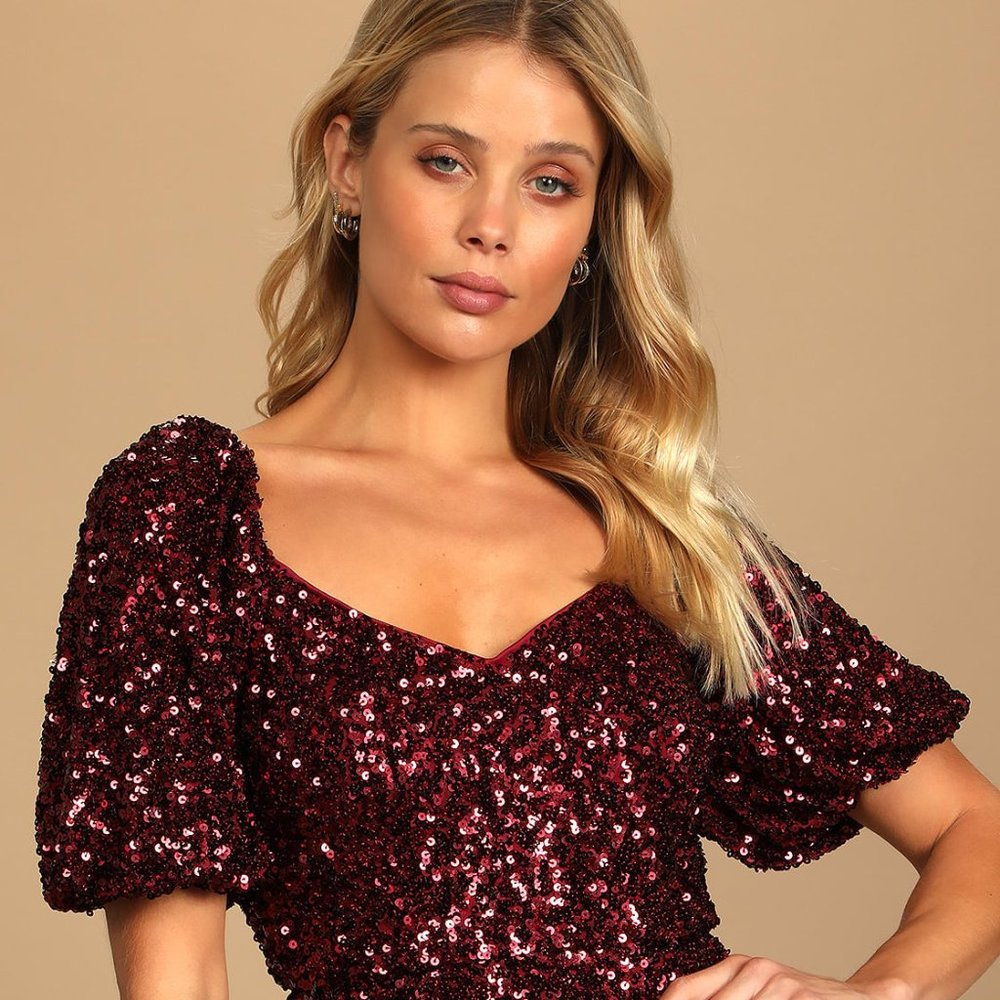 Wine/red Sequin Puff Sleeve Peplum Top
